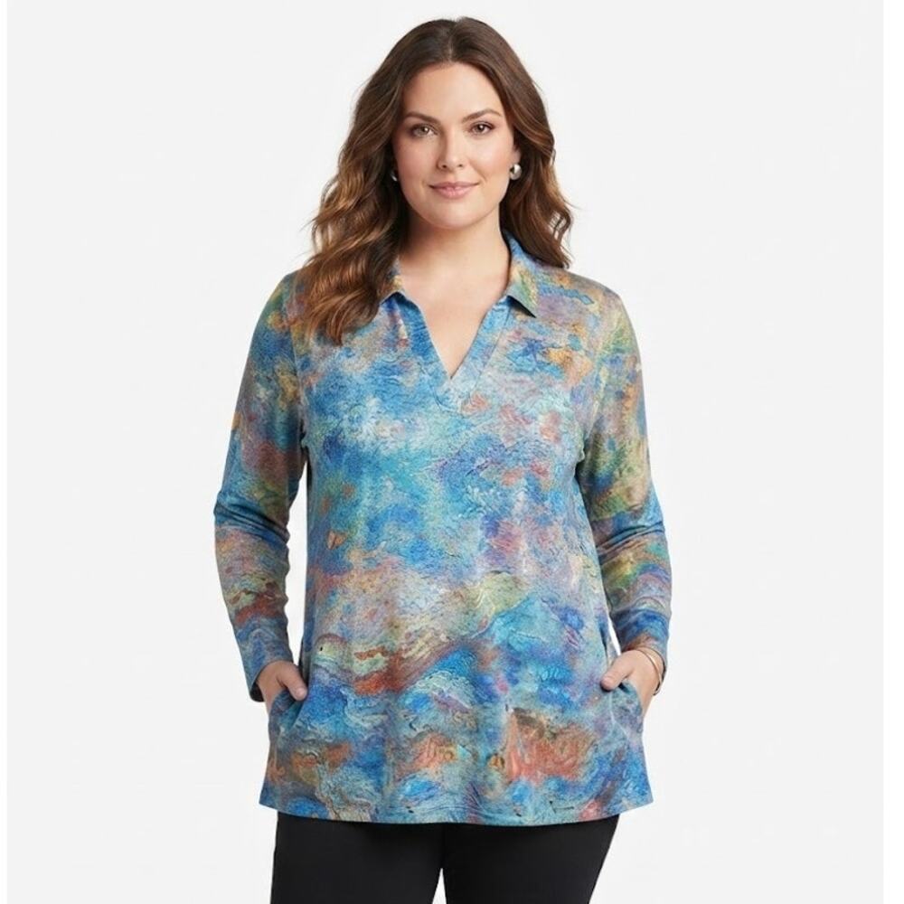 Multicolor Abstract Top Long Sleeves Transitional Fall Plus Size 2X